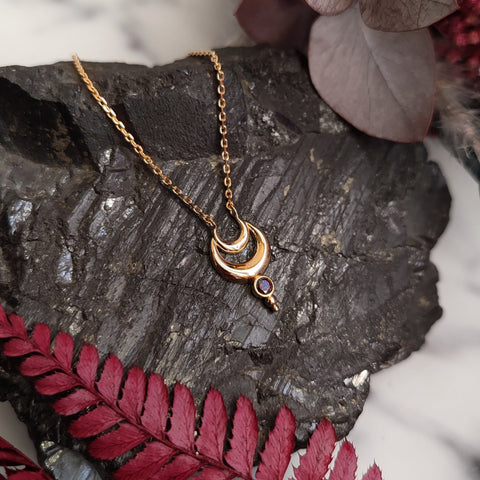 Crescent Moon and Burgundy Zirconia Gold Plated Necklace