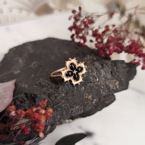 Black Agate Flower Gold Plated Ring