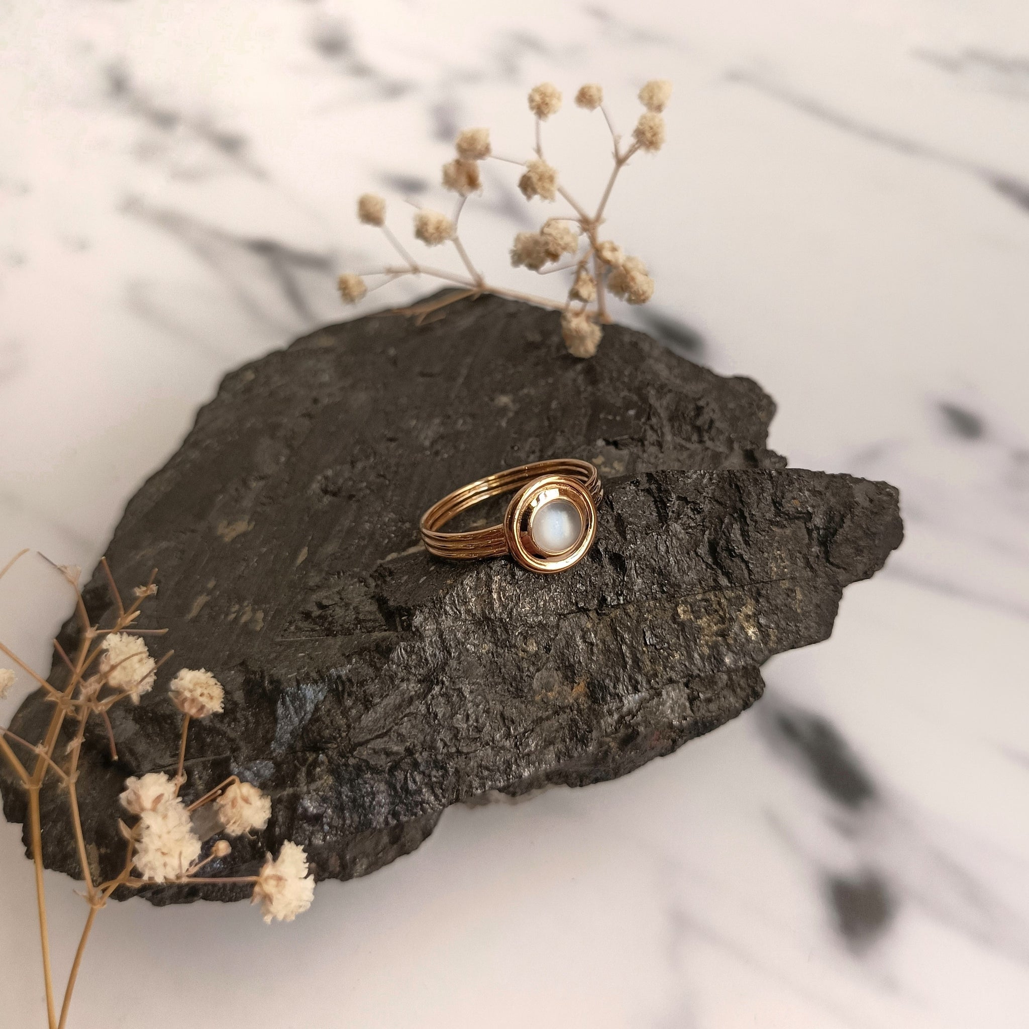 Round White Moonstone Gold Plated ring