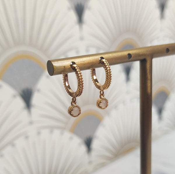 Rose Quartz Charm Gold Plated Hoops Earrings