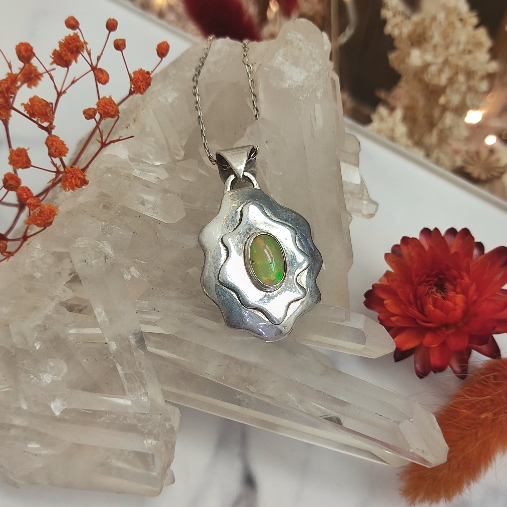 Opal Sterling Silver Leaf Pendant
