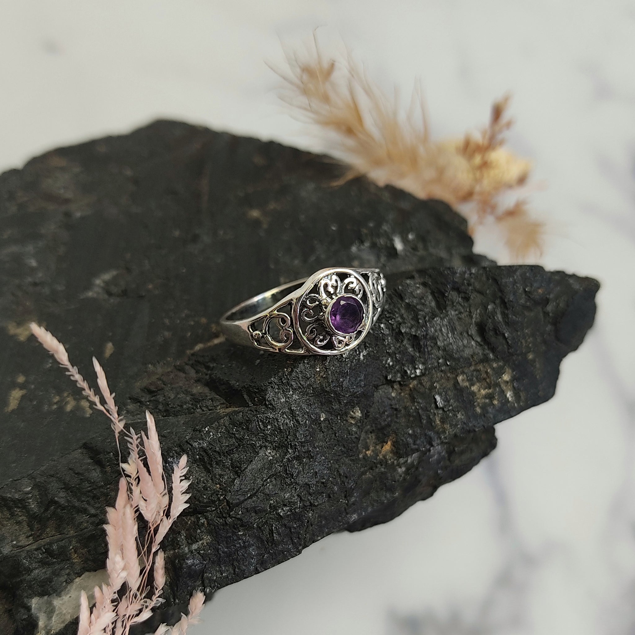 Faceted Amethyst Sterling Silver Filigree ring size 7