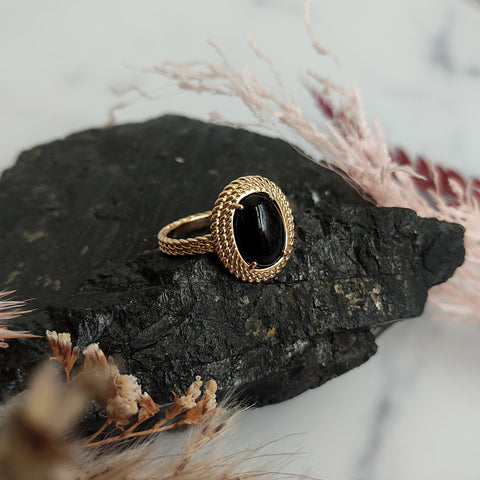 Oval Black Agate Braided Gold Plated ring