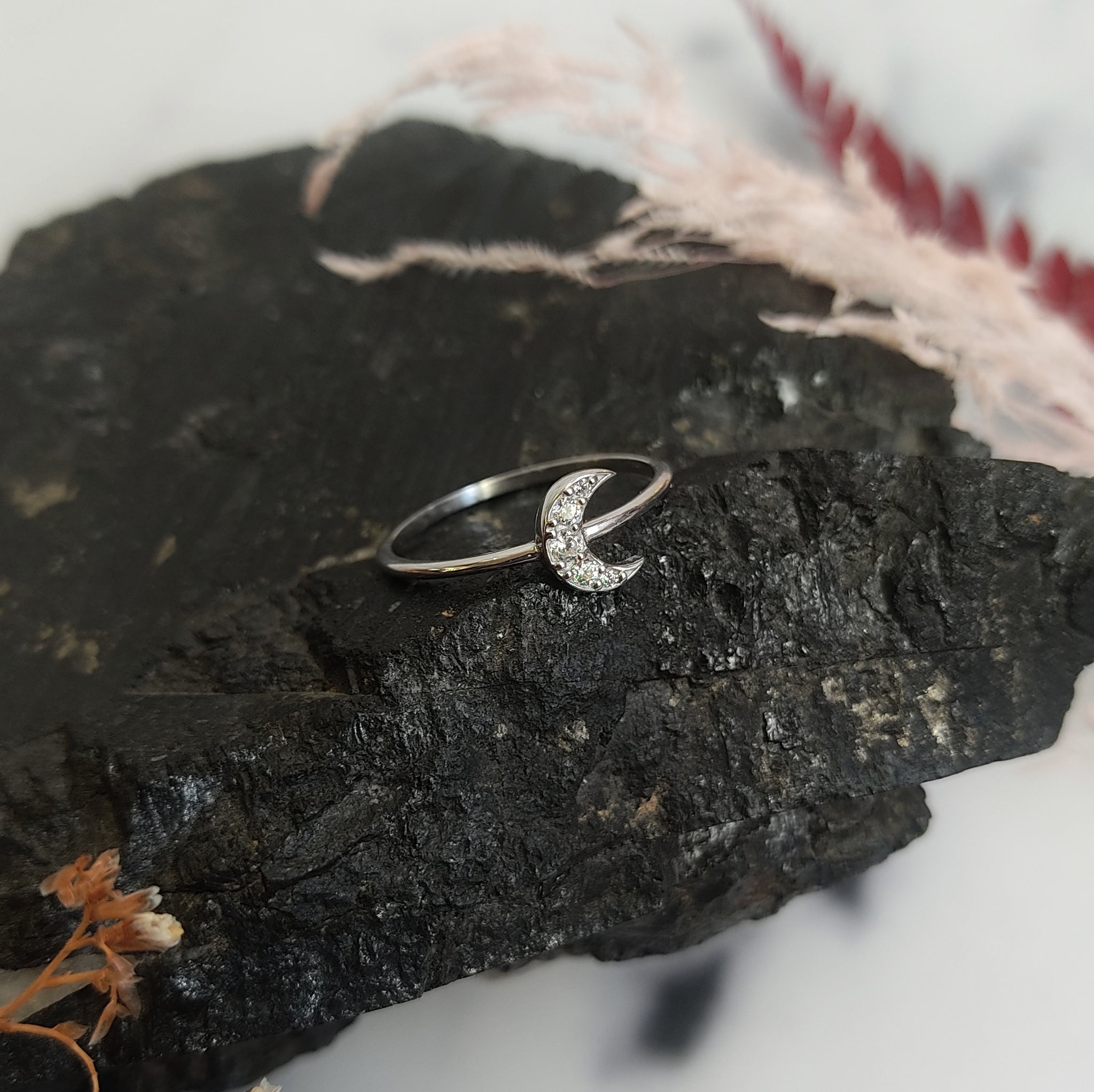 Zirconia Crescent Moon Sterling Silver Ring