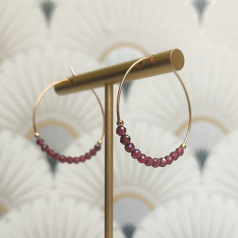 Garnet Beads Gold Plated Hoops Earrings