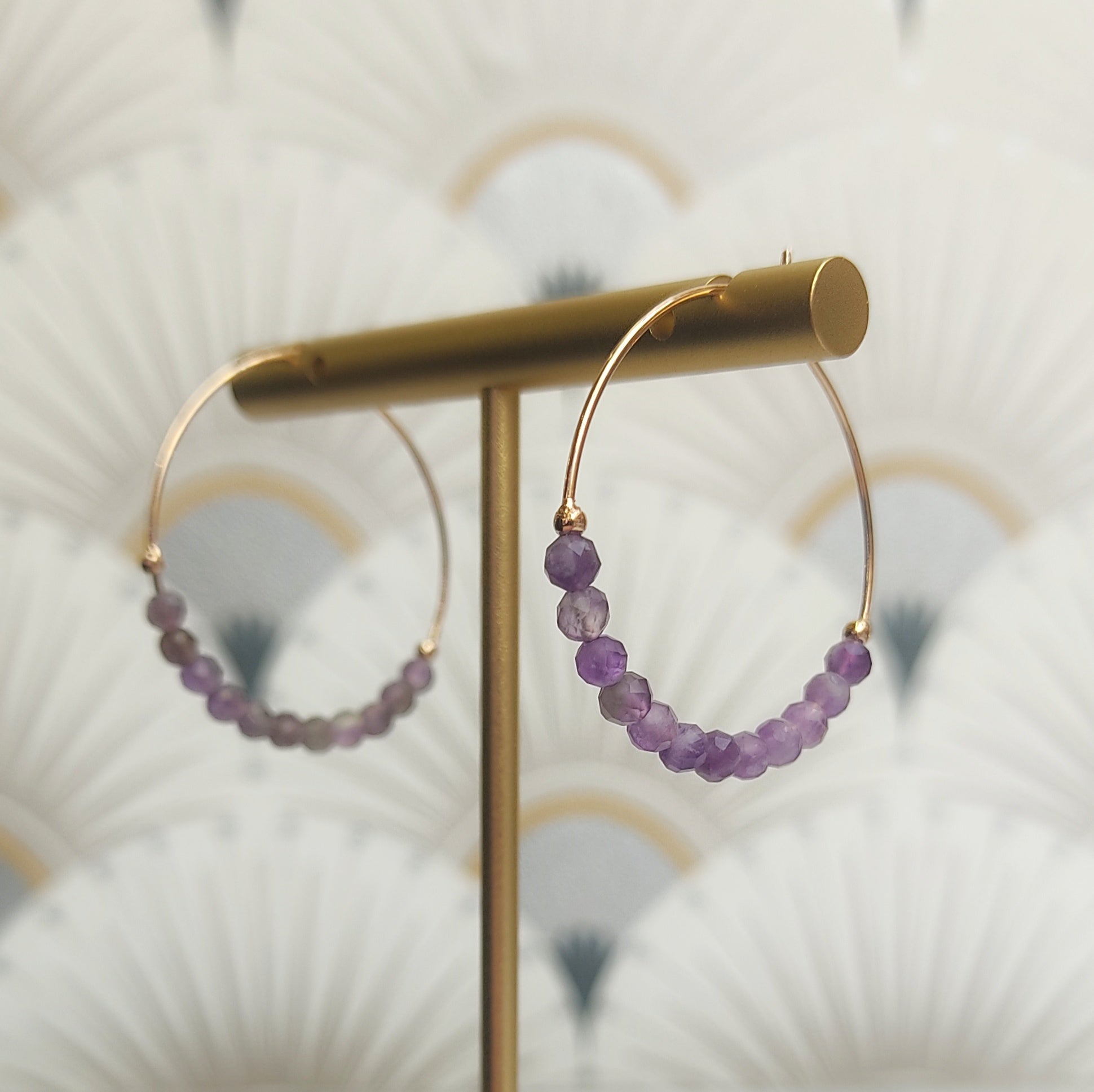 Amethyst Beads Gold Plated Hoops Earrings