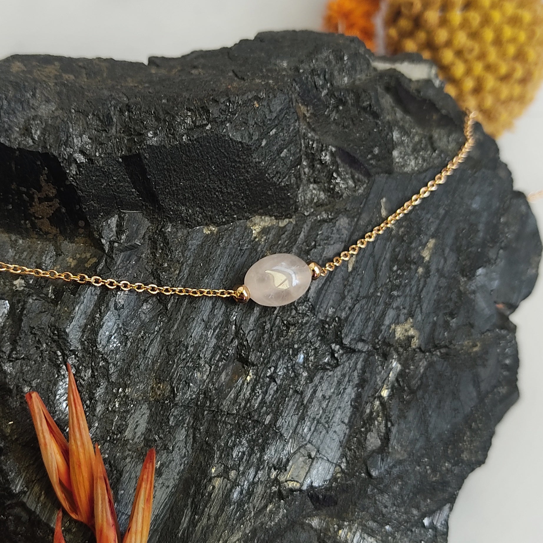 Rose Quartz Bead Gold Plated Necklace