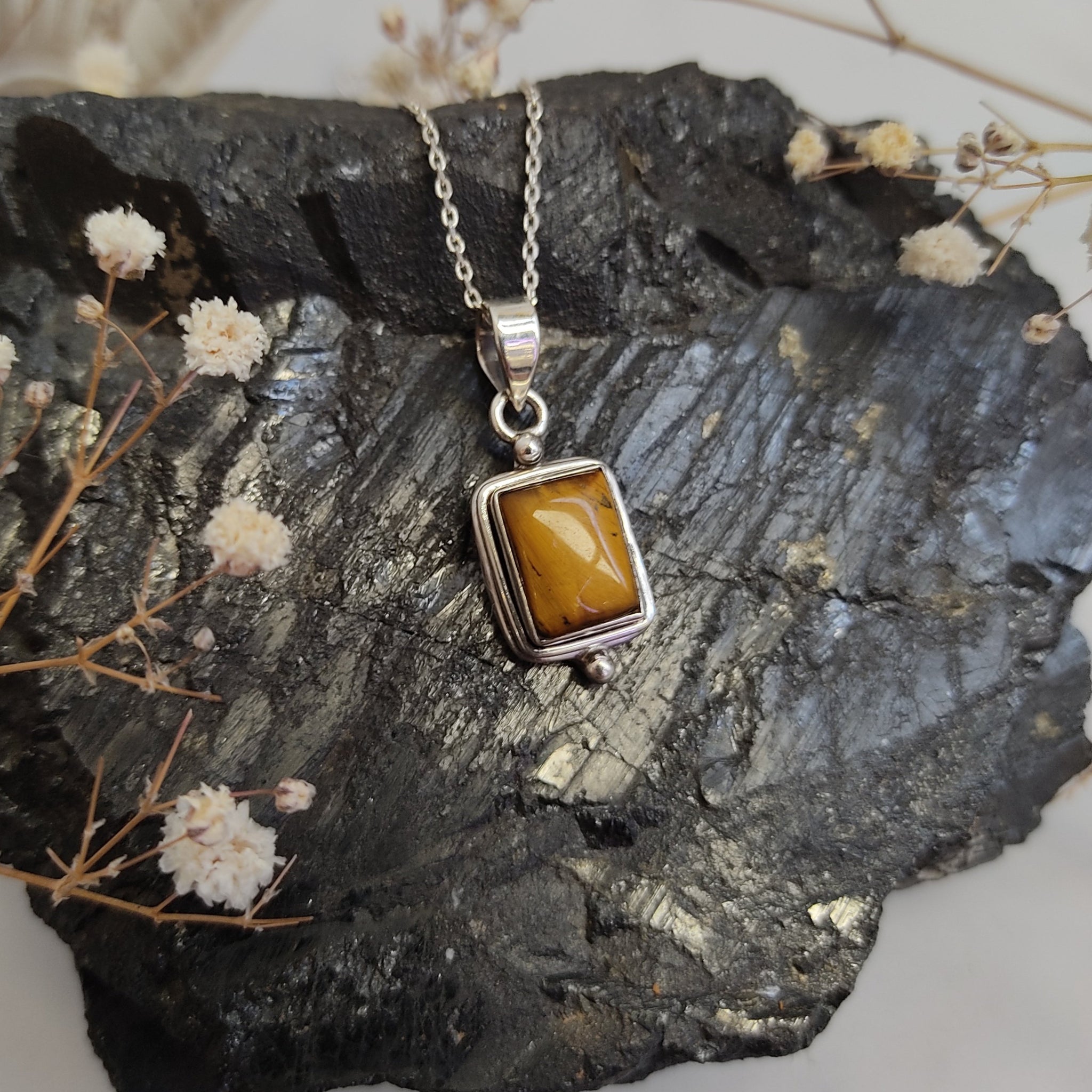 Rectangle with dots Tiger's Eye Sterling Silver pendant