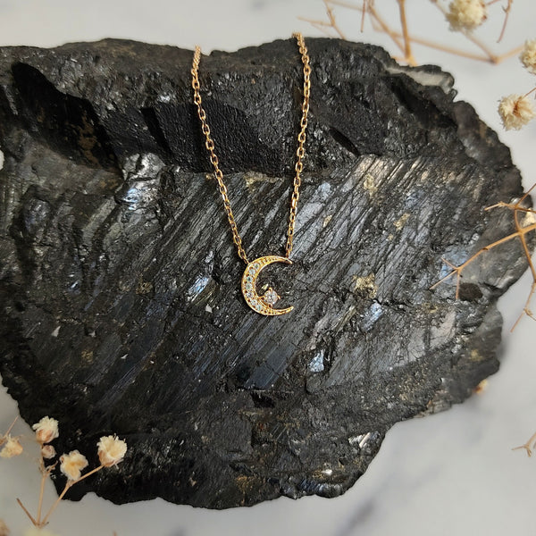Crescent Moon and Zirconia Gold Plated Necklace