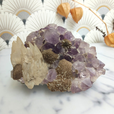 Amethyst and White Calcite Cluster