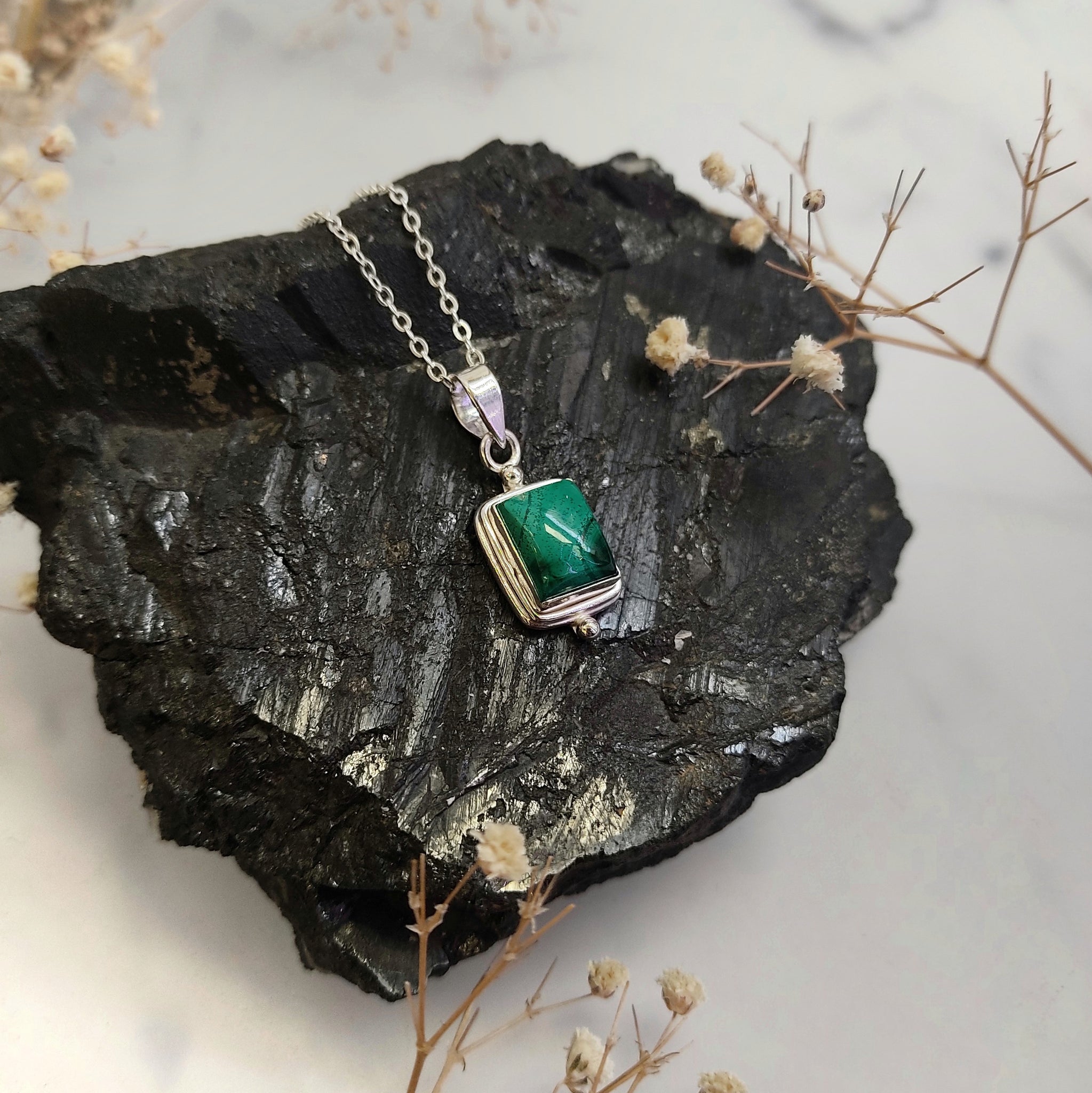 Rectangle with dots Malachite Sterling Silver pendant